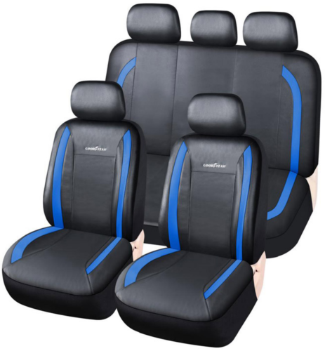 JGO. FUNDA ASIENTO CUERINA NEGRA CON DETALLE AZUL, COMPLETA, GOODYEAR, 11 PIEZAS GY-4334