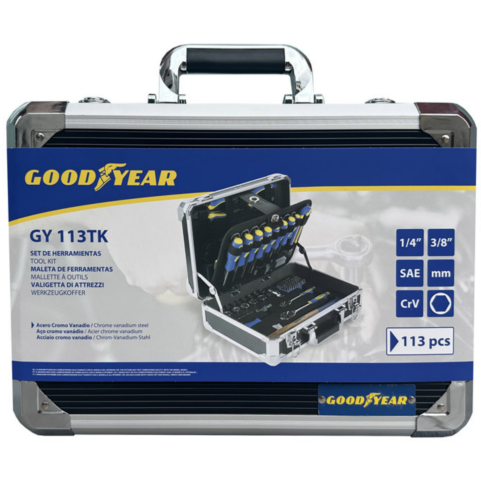 KIT DE HERRAMIENTAS GOODYEAR 113 PCS, CON MALETIN DE ALUMINIO GY113TK