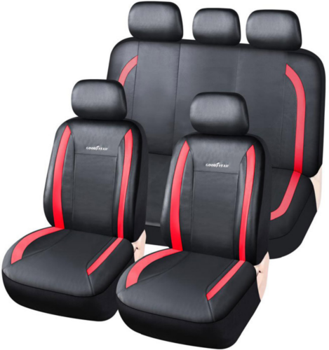 JGO. FUNDA ASIENTO CUERINA NEGRA CON DETALLE ROJO, COMPLETA, GOODYEAR, 11 PIEZAS GY-4333