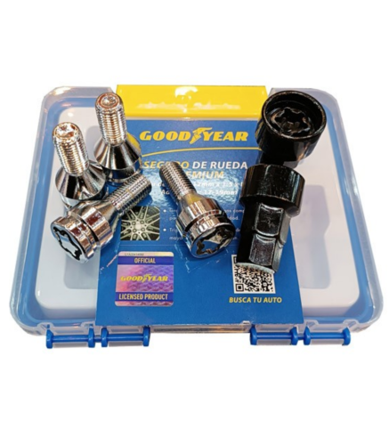 JGO. SEGURO DE RUEDA GOODYEAR, CROMADO FRONTAL, 4 BULONES C/ 2 ADAPTADORES, MAXIMA SEGURIDAD, PREMIUM GY-2242