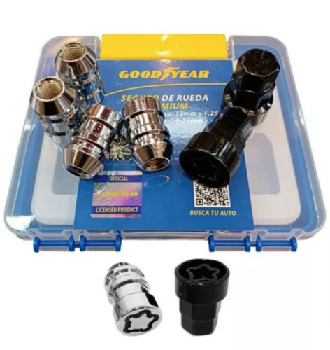 JGO. SEGURO DE RUEDA GOODYEAR, CROMADO FRONTAL, 4 BULONES C/ 2 ADAPTADORES, MAXIMA SEGURIDAD, PREMIUM GY-2241