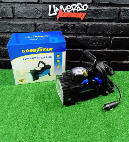 COMPRESOR DE AIRE GOODYEAR, 12V, SUPER REFORZADO, EN BOLSO, CON LUZ LED, MANOMETRO 150 PSI Y ACCESORIOS GY-4203