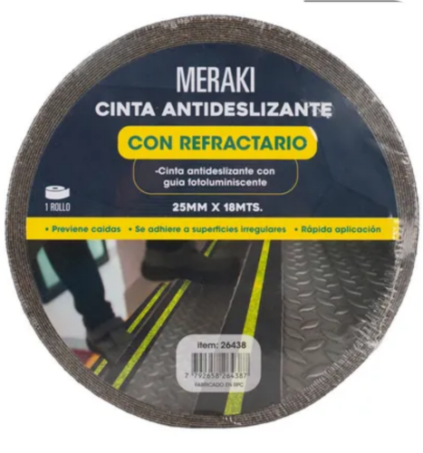 CINTA ANTIDESLIZANTE NEGRO CON REFRACTARIO 25MM X 18MTS 26438 MERAKI
